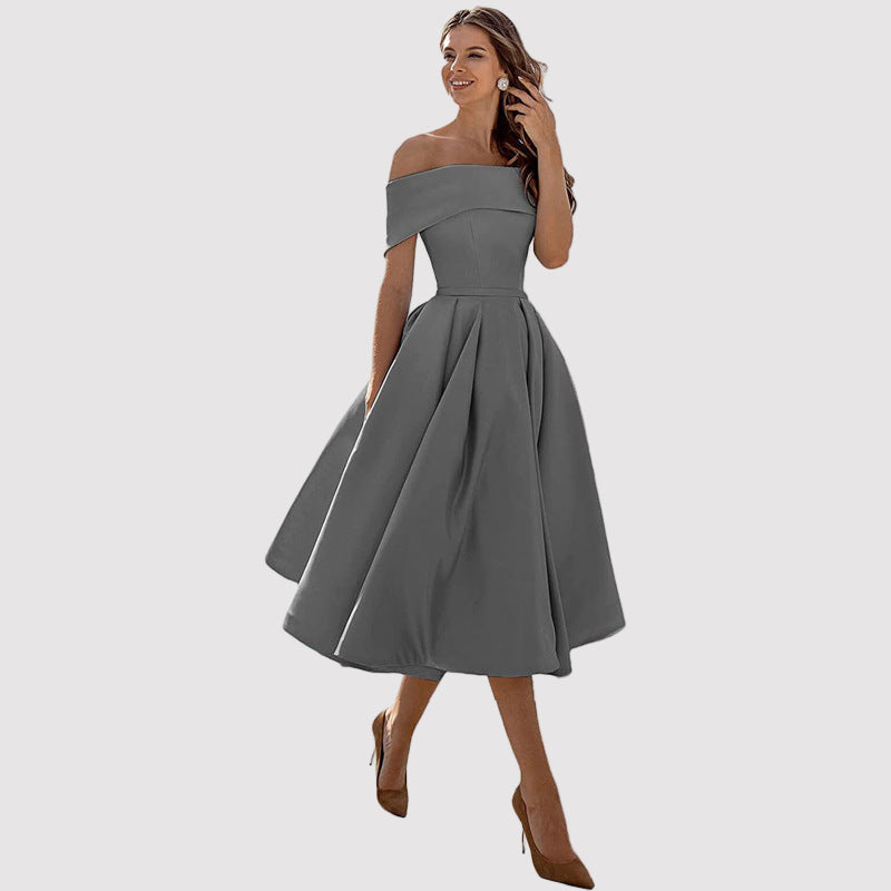 Off-Shoulder Pleated A-Line Midi Dress – Perfect for Weddings and Formal Events