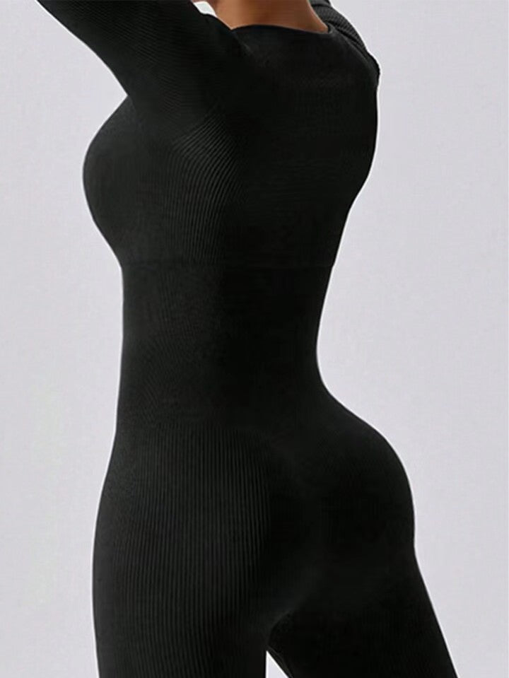 Ribbed Square-Neck Long-Sleeve Jumpsuit – Stretch Slim Fit