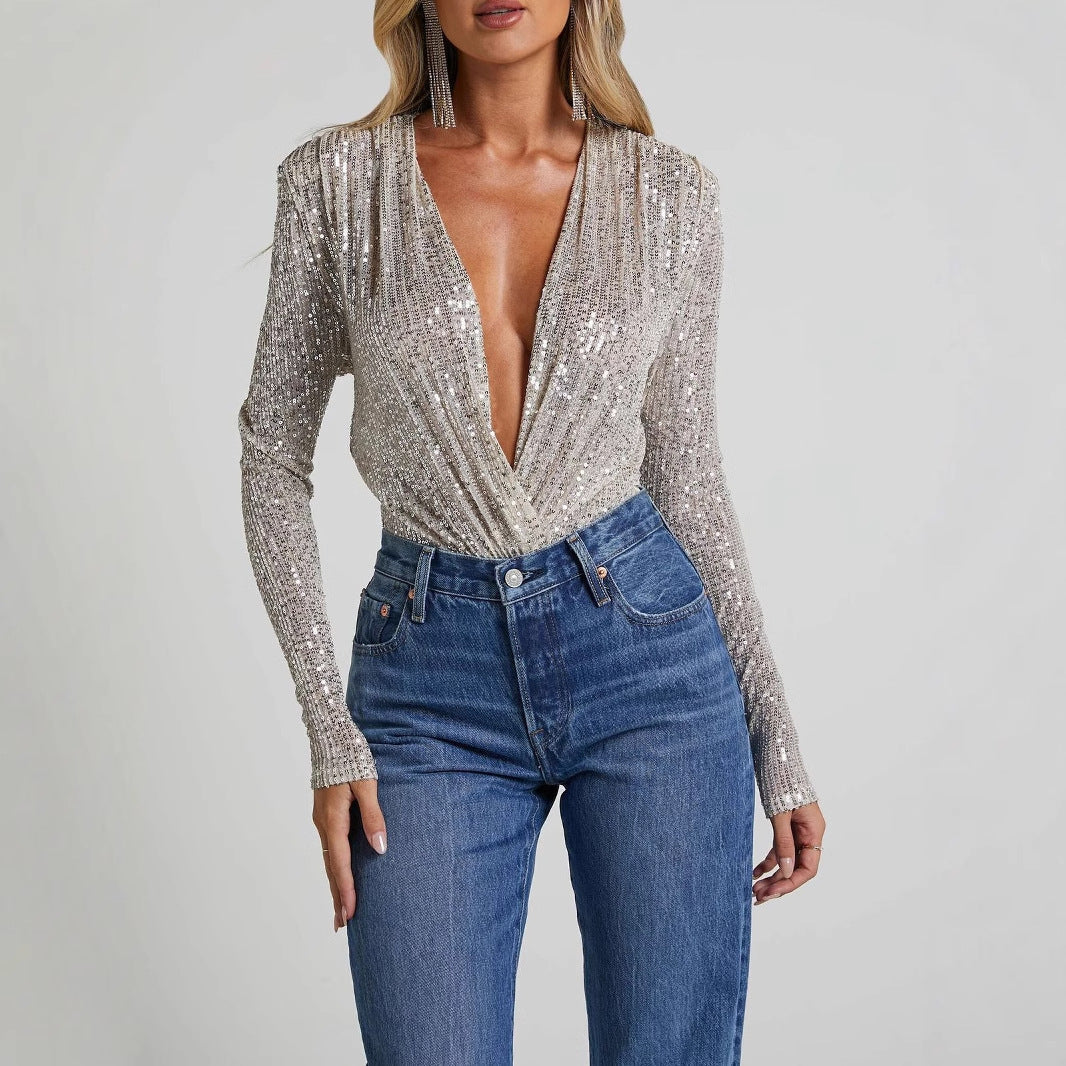 Sequin Deep V Long-Sleeve Party Bodysuit for Women – Slim Fit