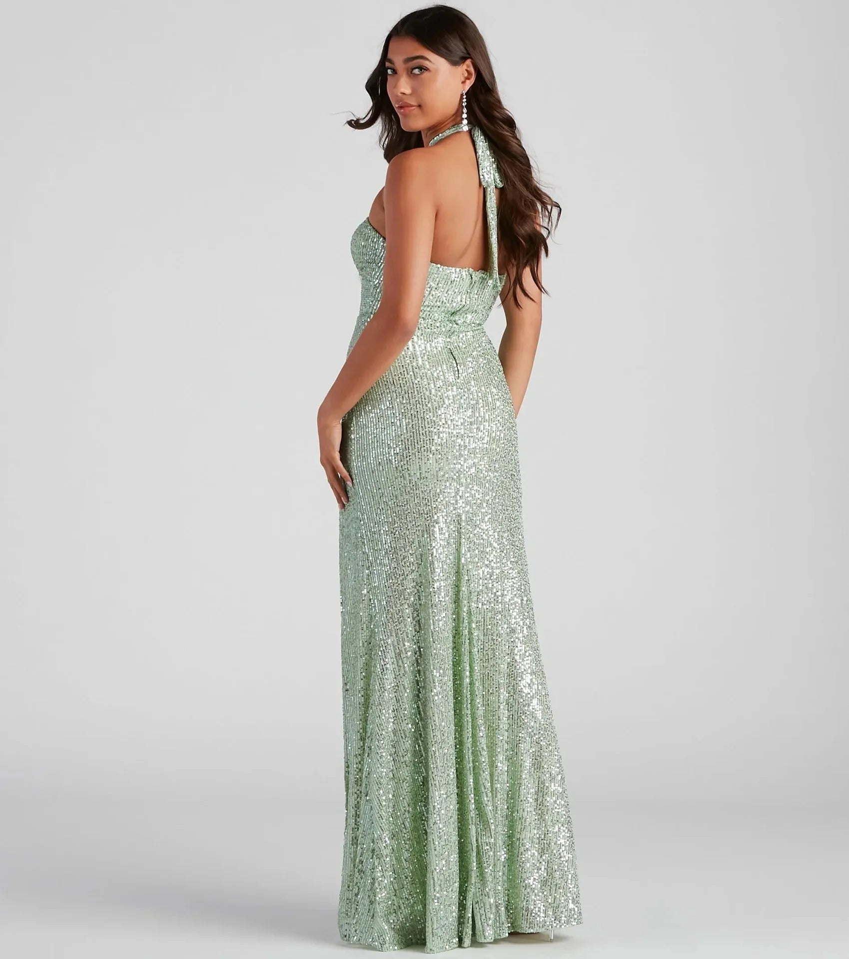 Sequin Halter Prom Gown with Cut-Out Bodice & High Slit Skirt for Evening Events