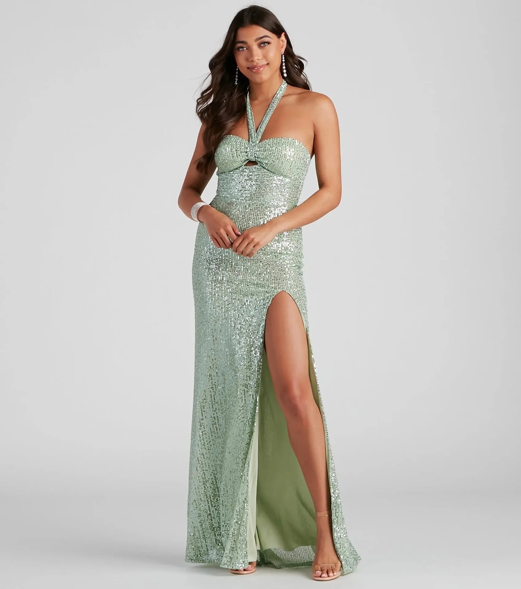 Sequin Halter Prom Gown with Cut-Out Bodice & High Slit Skirt for Evening Events