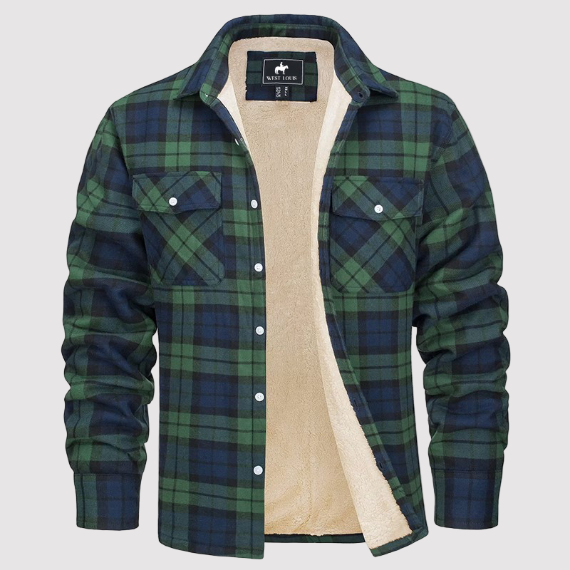 Men’s Fleece-Lined Plaid Flannel Shirt Jacket – Warm Sherpa Overshirt for Autumn/Winter