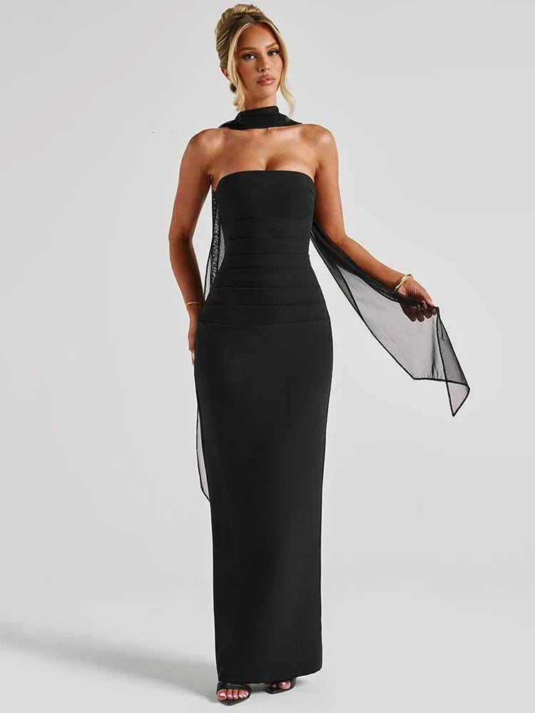 Strapless Floor-Length Evening Dress with Halter Scarf Detail