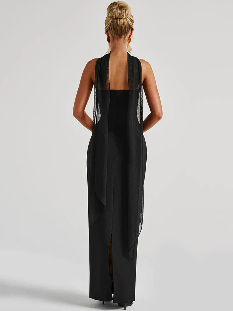 Strapless Floor-Length Evening Dress with Halter Scarf Detail