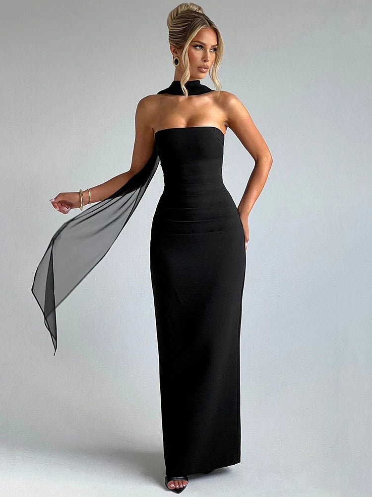 Strapless Floor-Length Evening Dress with Halter Scarf Detail
