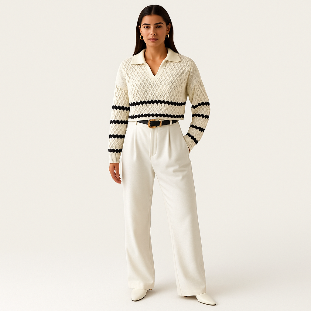 Women's Cable Knit Collared Jumper with Stripes & Diamond TextureCole Clothing