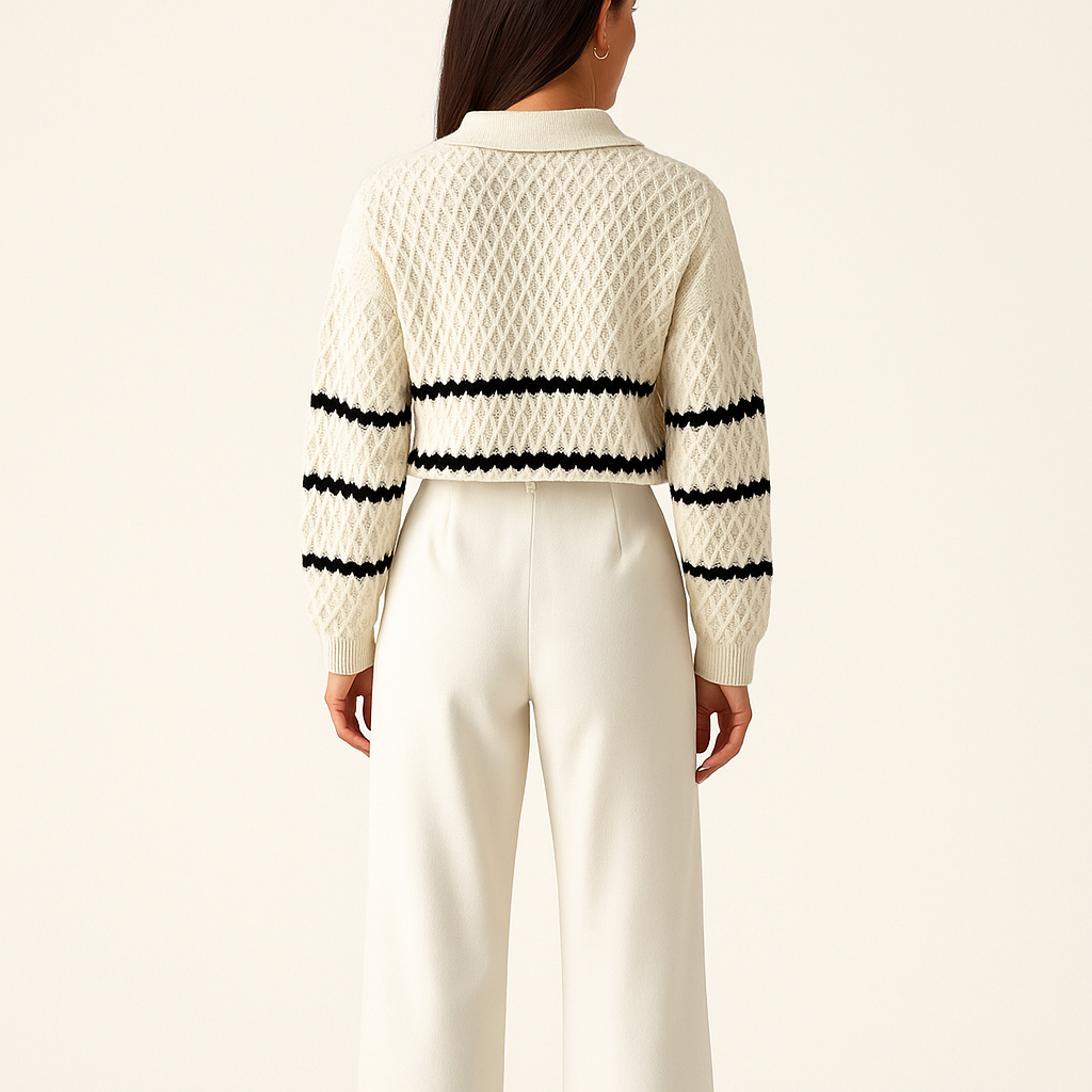 Women's Cable Knit Collared Jumper with Stripes & Diamond Texture-Cole Clothing