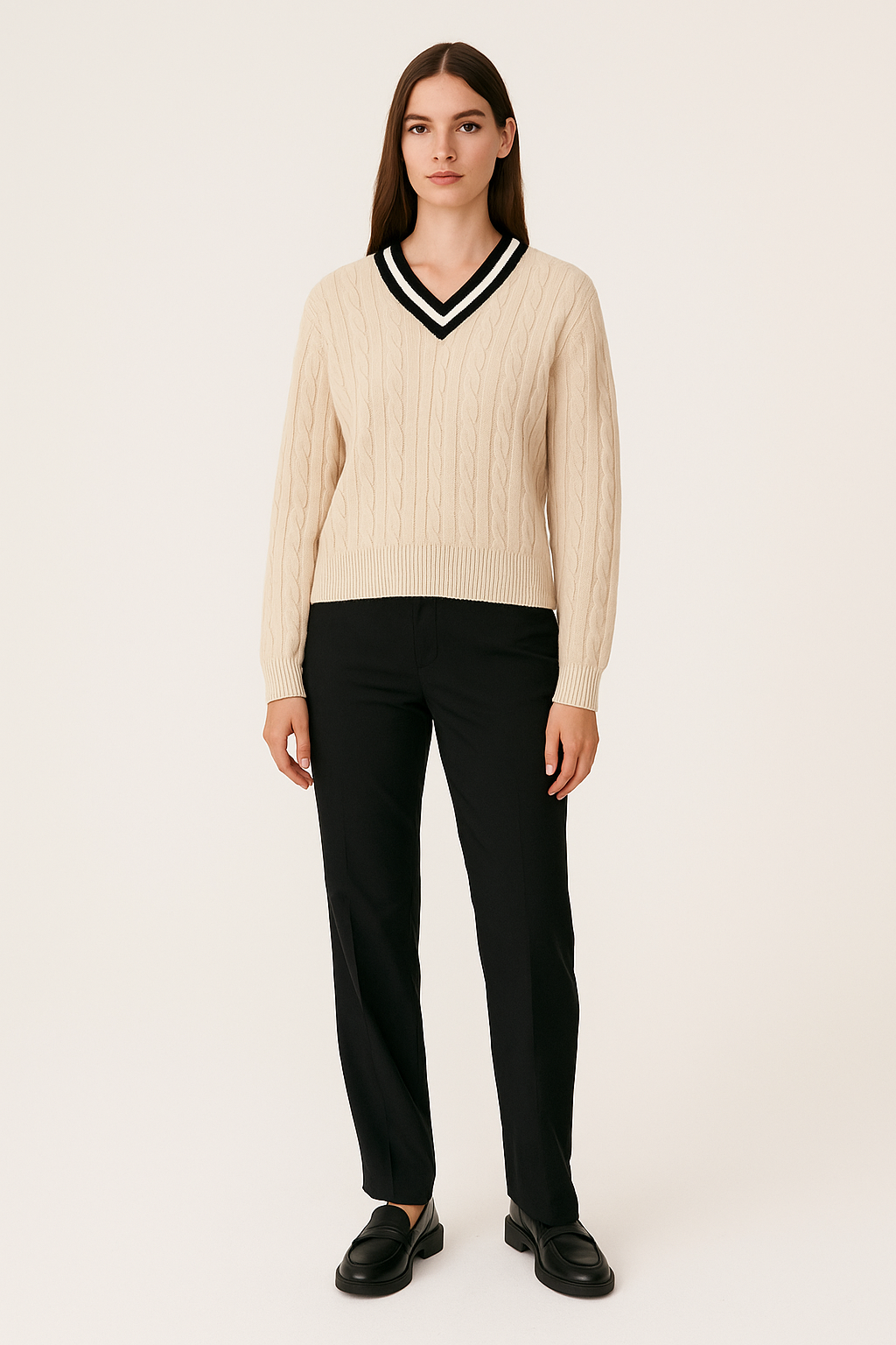 Women's Cream Cable Knit V-Neck Jumper with Contrast Trim-Cole Clothing-Bronze-XS-Cole Clothing