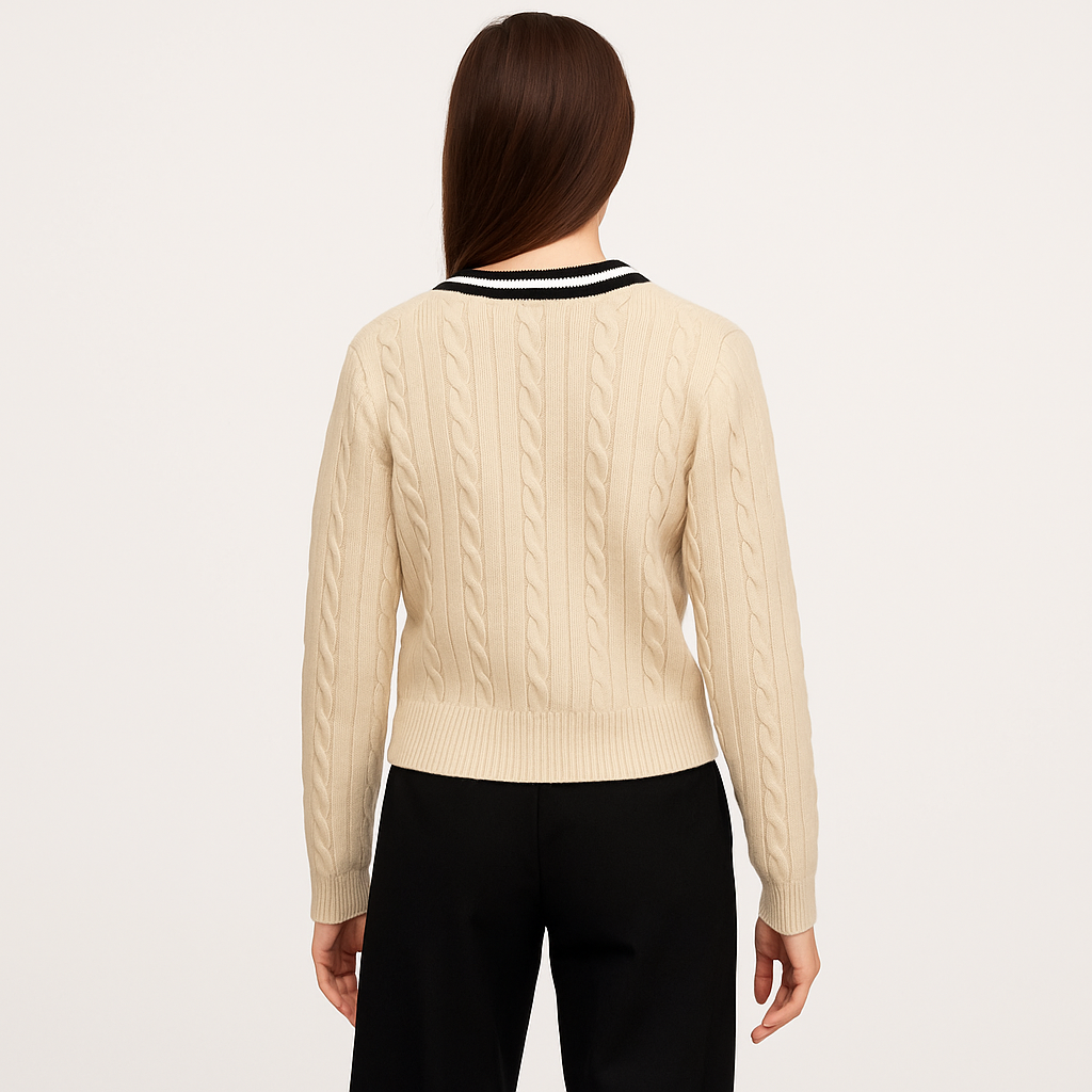 Women's Cream Cable Knit V-Neck Jumper with Contrast Trim-Cole Clothing-Cole Clothing