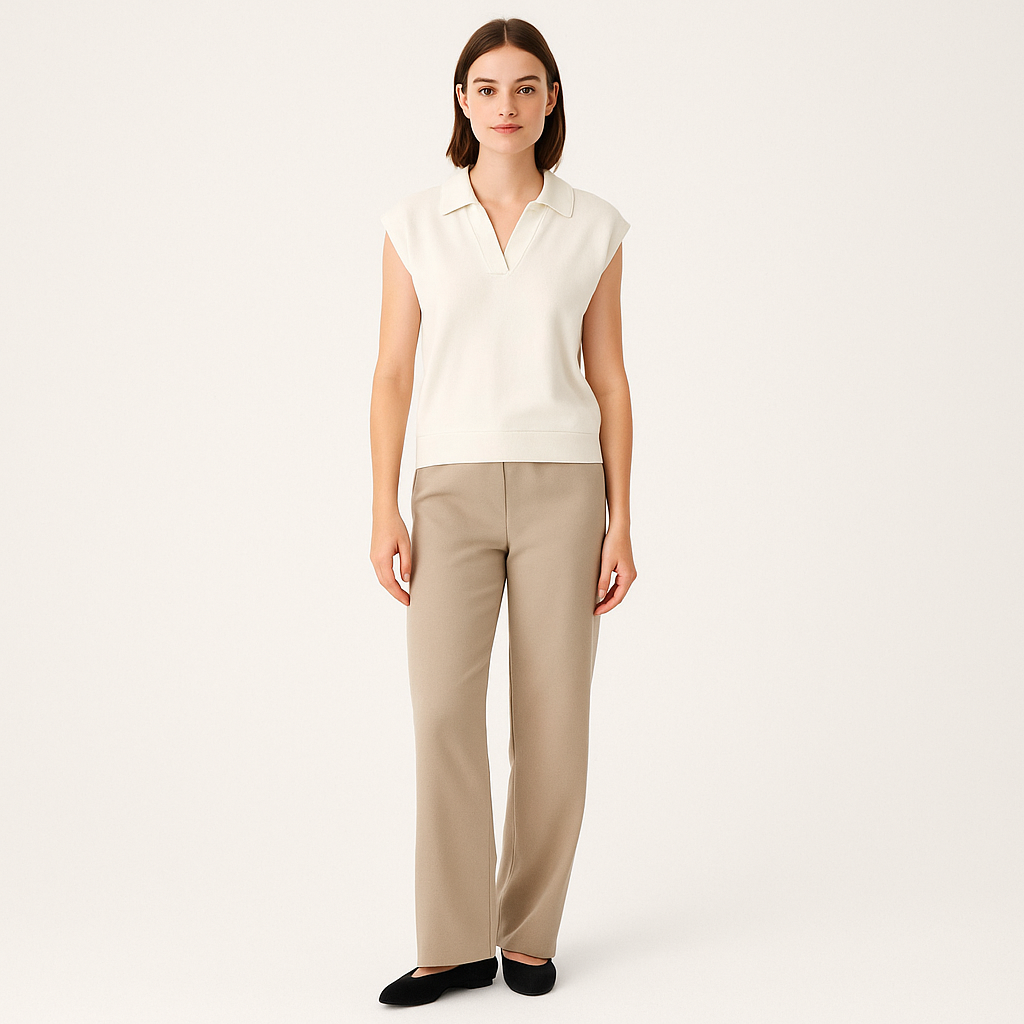 Women's Ribbed Knit Collared V-Neck Jumper – Elegant Long Sleeve Top-Cole Clothing-Apricot-S-Cole Clothing
