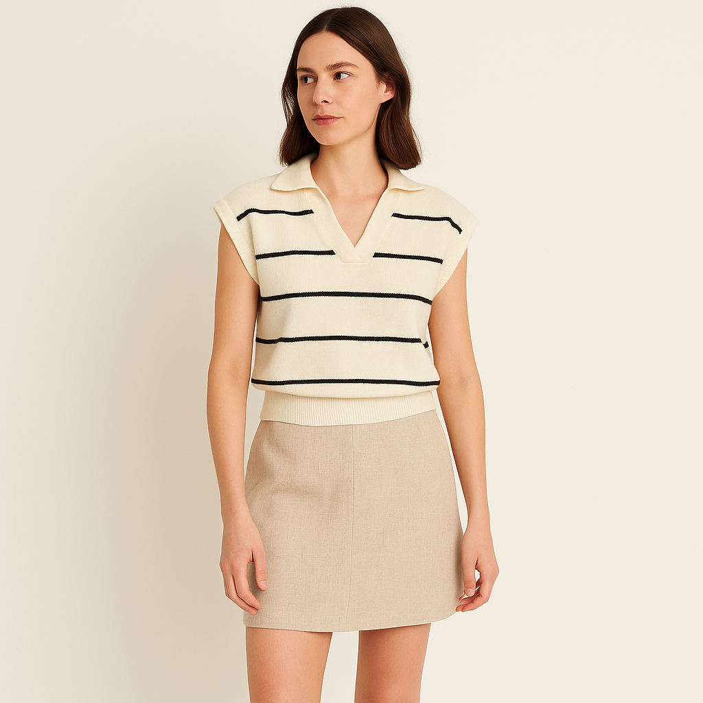 Women's Striped Lapel Neck Sleeveless Polo Knit Vest-Cole Clothing