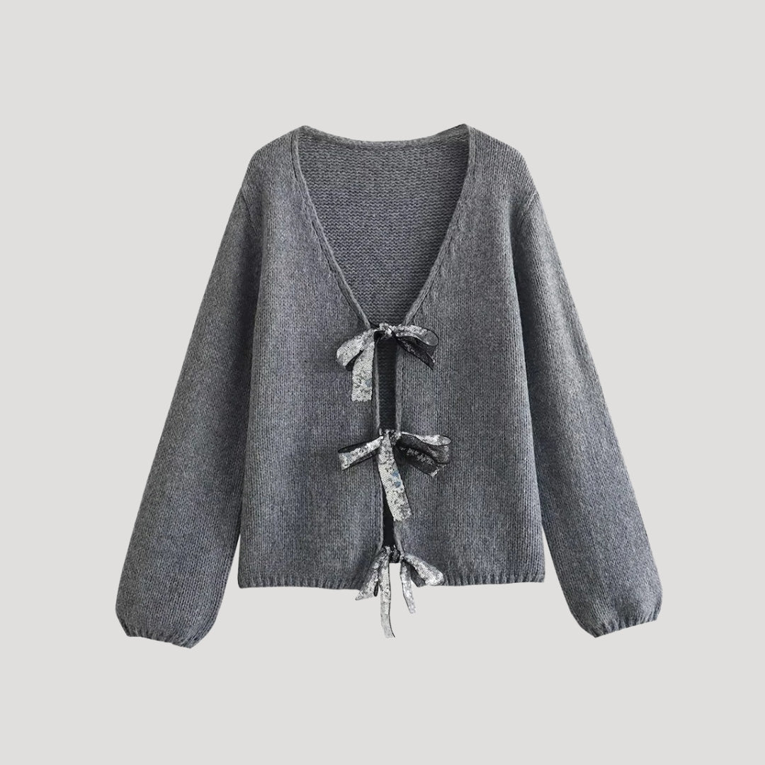Women’s knit V-neck cardigan with back bow detail