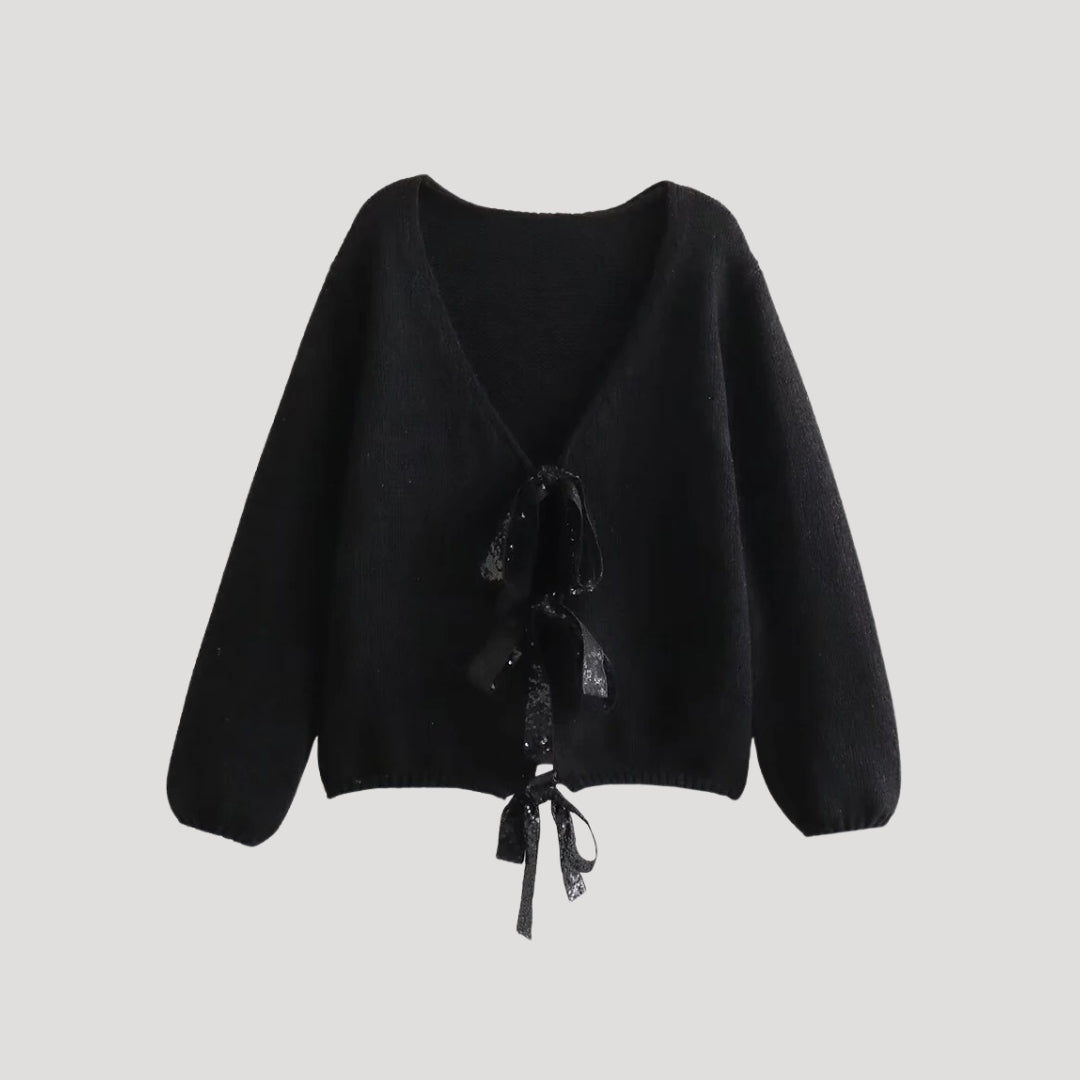 Women’s knit V-neck cardigan with back bow detail