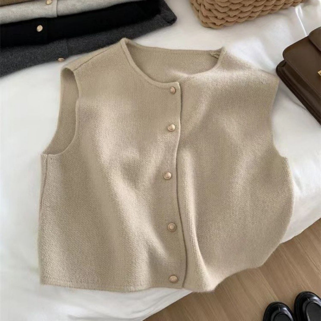 Women’s knitted sleeveless vest cardigan jumper with button front for layering