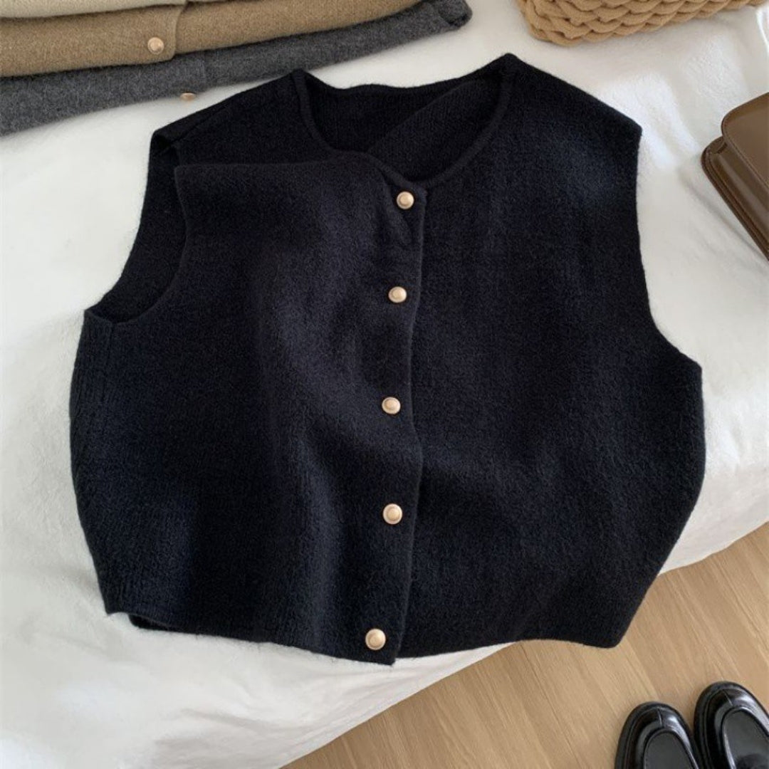 Women’s knitted sleeveless vest cardigan jumper with button front for layering