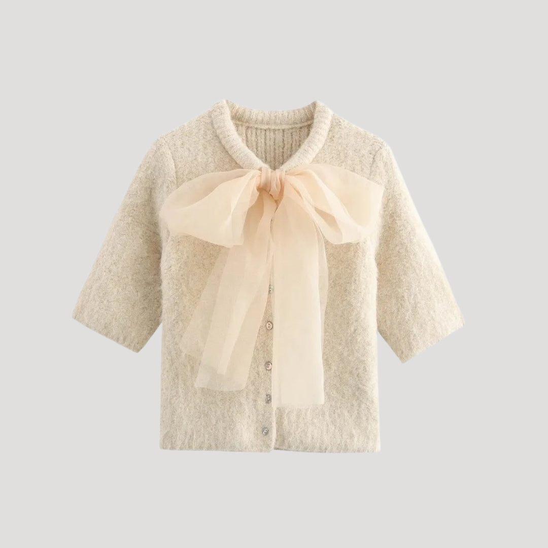 Women’s short sleeve knit cardigan with bow detail