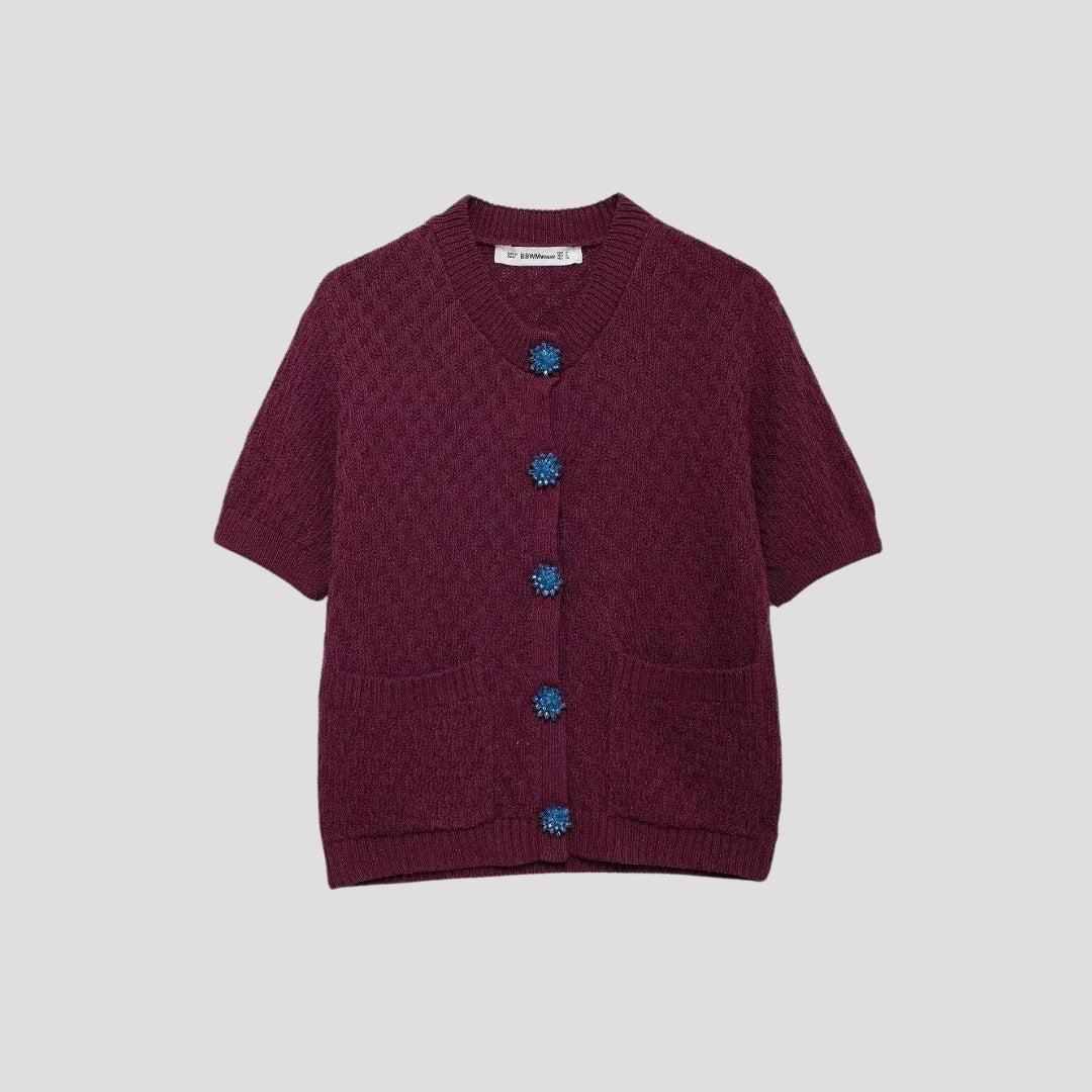 Women’s short sleeve knit cardigan with cropped fit and button front