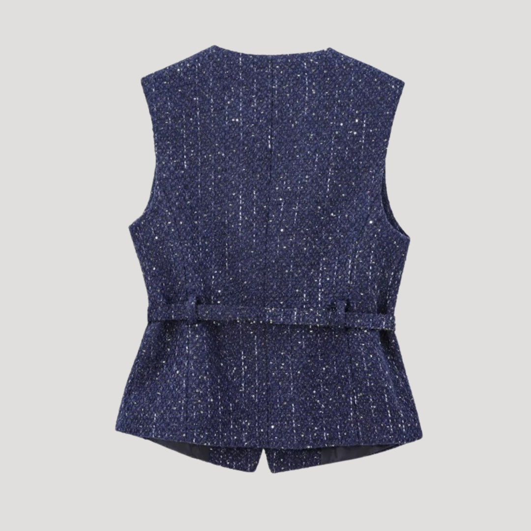Women’s sleeveless tweed vest jacket – belted smart outerwear for layering