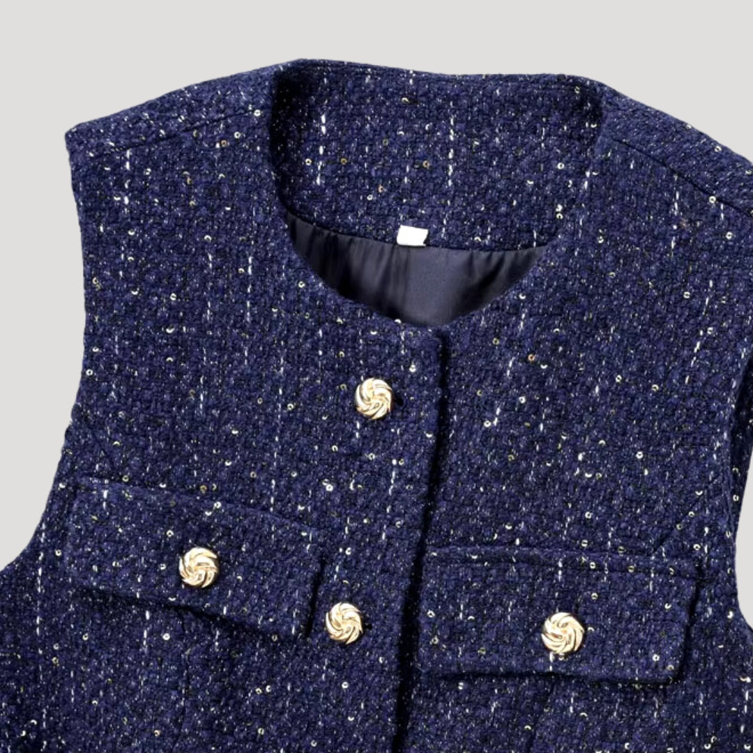 Women’s sleeveless tweed vest jacket – belted smart outerwear for layering