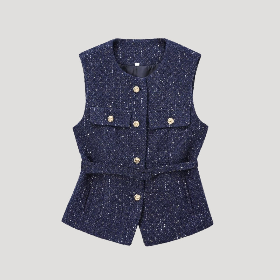 Women’s sleeveless tweed vest jacket – belted smart outerwear for layering
