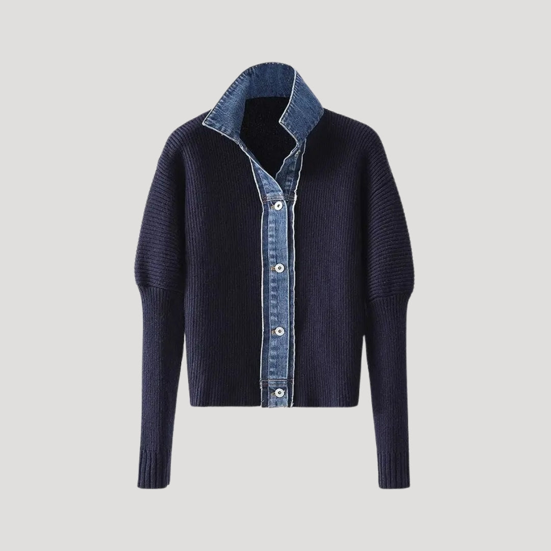 Women’s slim fit knit cardigan with contrast denim collar and button front