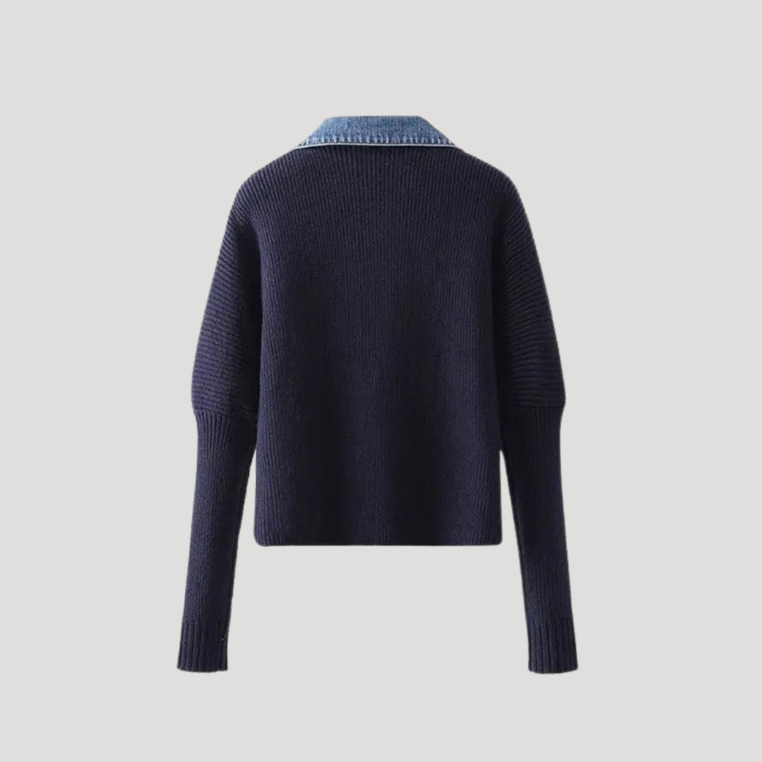 Women’s slim fit knit cardigan with contrast denim collar and button front