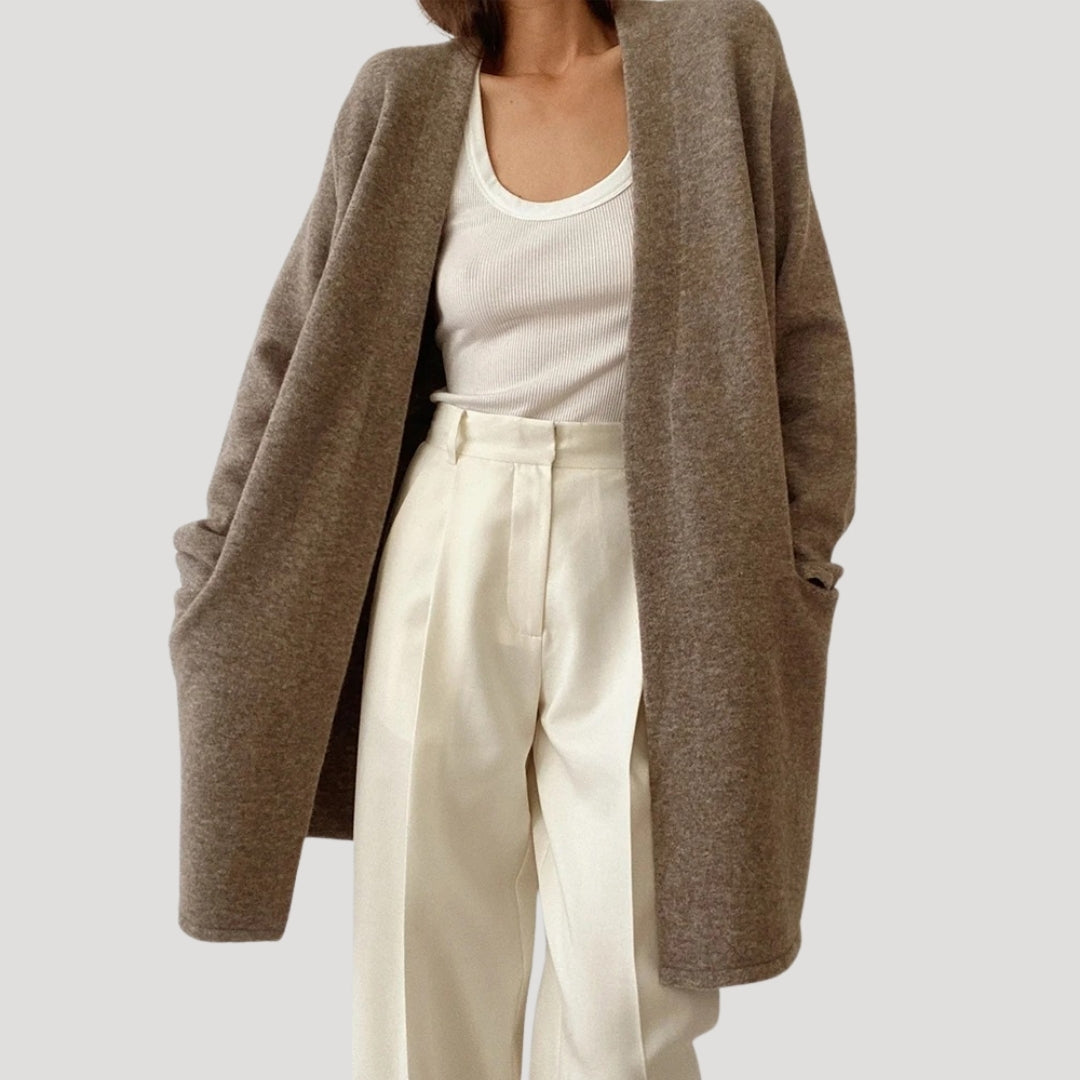 Women’s smart longline cardigan with pockets – open front knit layering piece
