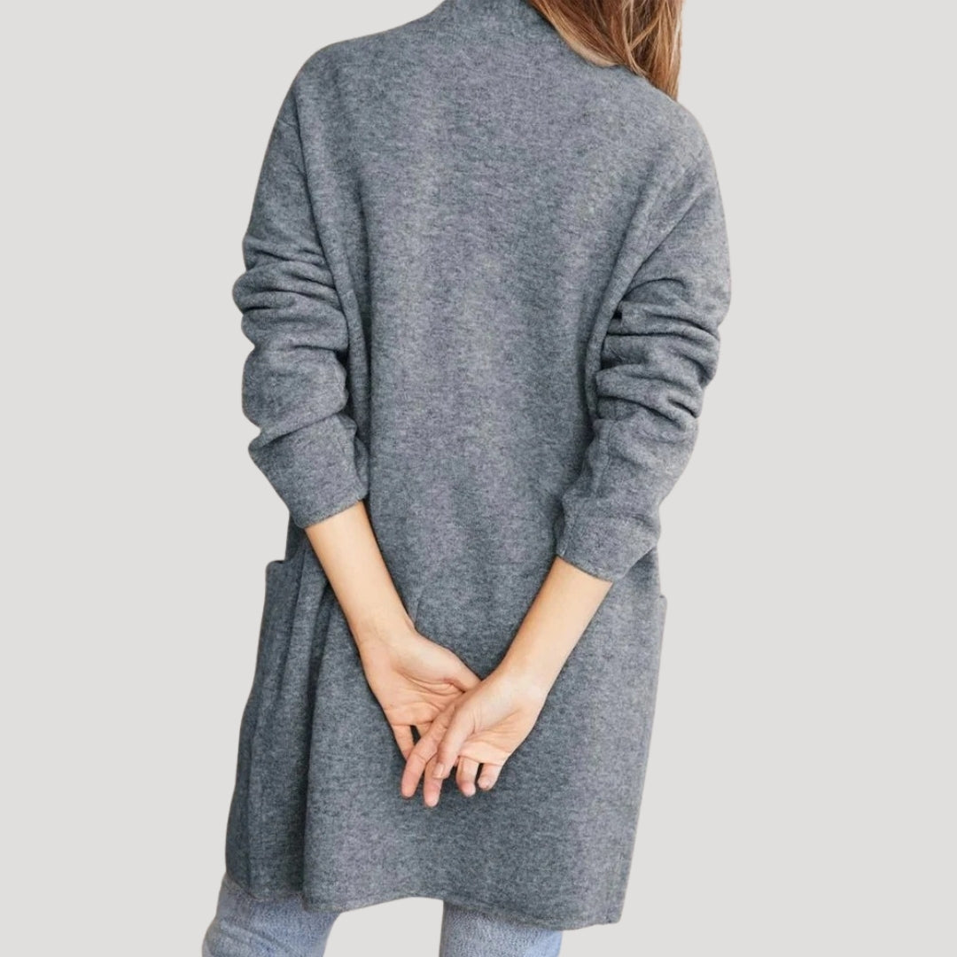 Women’s smart longline cardigan with pockets – open front knit layering piece