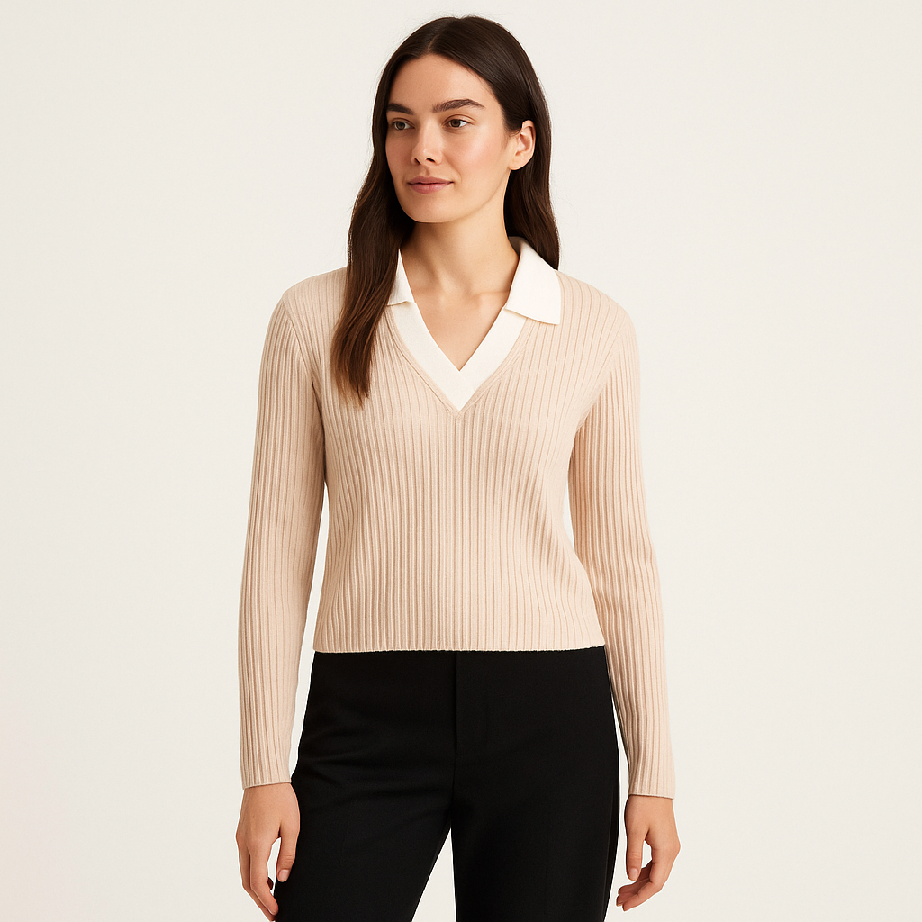 Women's Beige Slim Fit Ribbed Polo Sweater – Cole Clothing