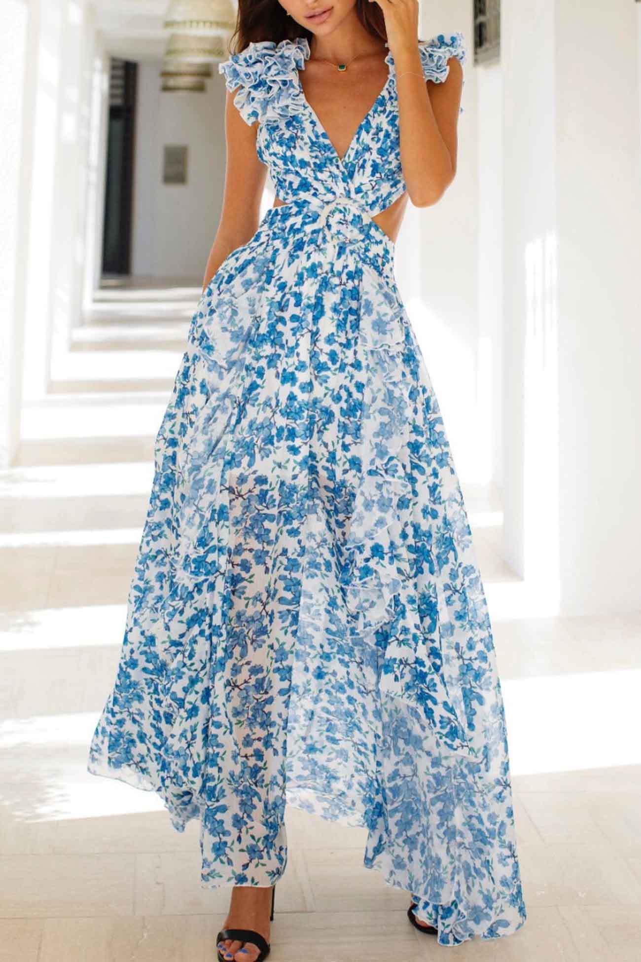 Women’s Belted Button-Down Maxi Dress – Flowy V-Neck Abstract Print