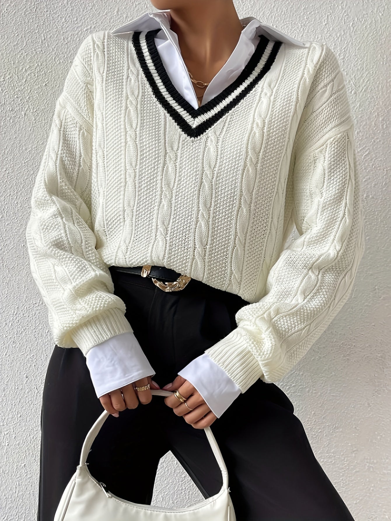 Women's Cable Knit V-Neck Sweater-Women's Sweater-Cole Clothing-White-S-Cole Clothing