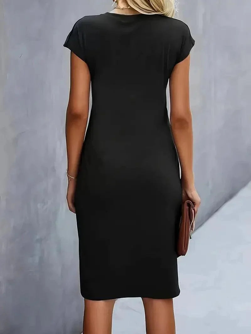 Womens Cotton Midi Dress – Round Neck Loose Fit Summer Casual Style