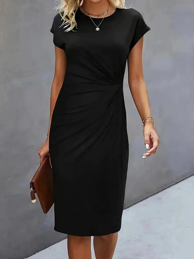 Womens Cotton Midi Dress – Round Neck Loose Fit Summer Casual Style