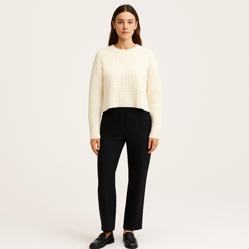 Women's Cream Cable Knit Sweater – Loose Fit Crew Neck Sweater-Cole Clothing