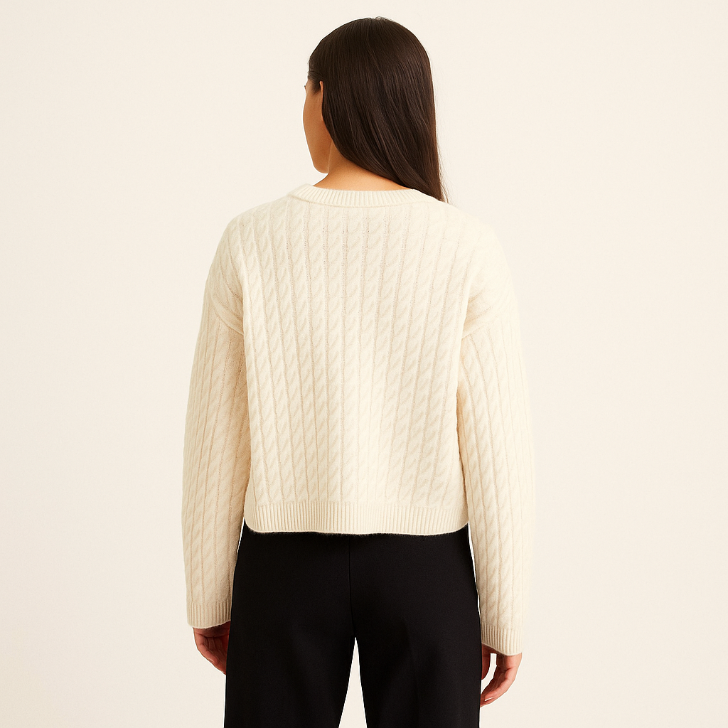 Women's Cream Cable Knit Sweater – Loose Fit Crew Neck Sweater-Cole Clothing