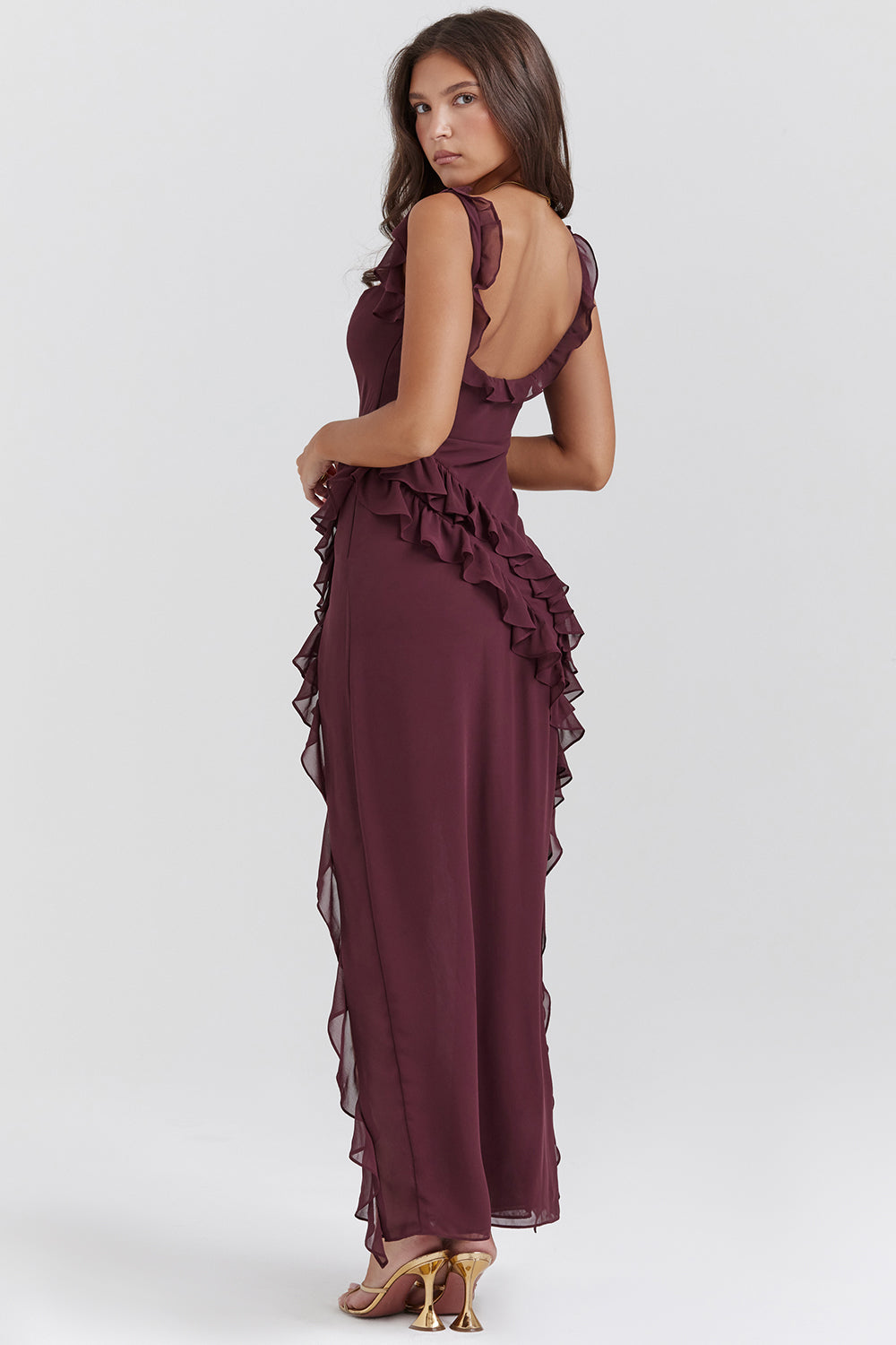 Women’s Elegant Ruffle High Slit Maxi Dress Adjustable Straps