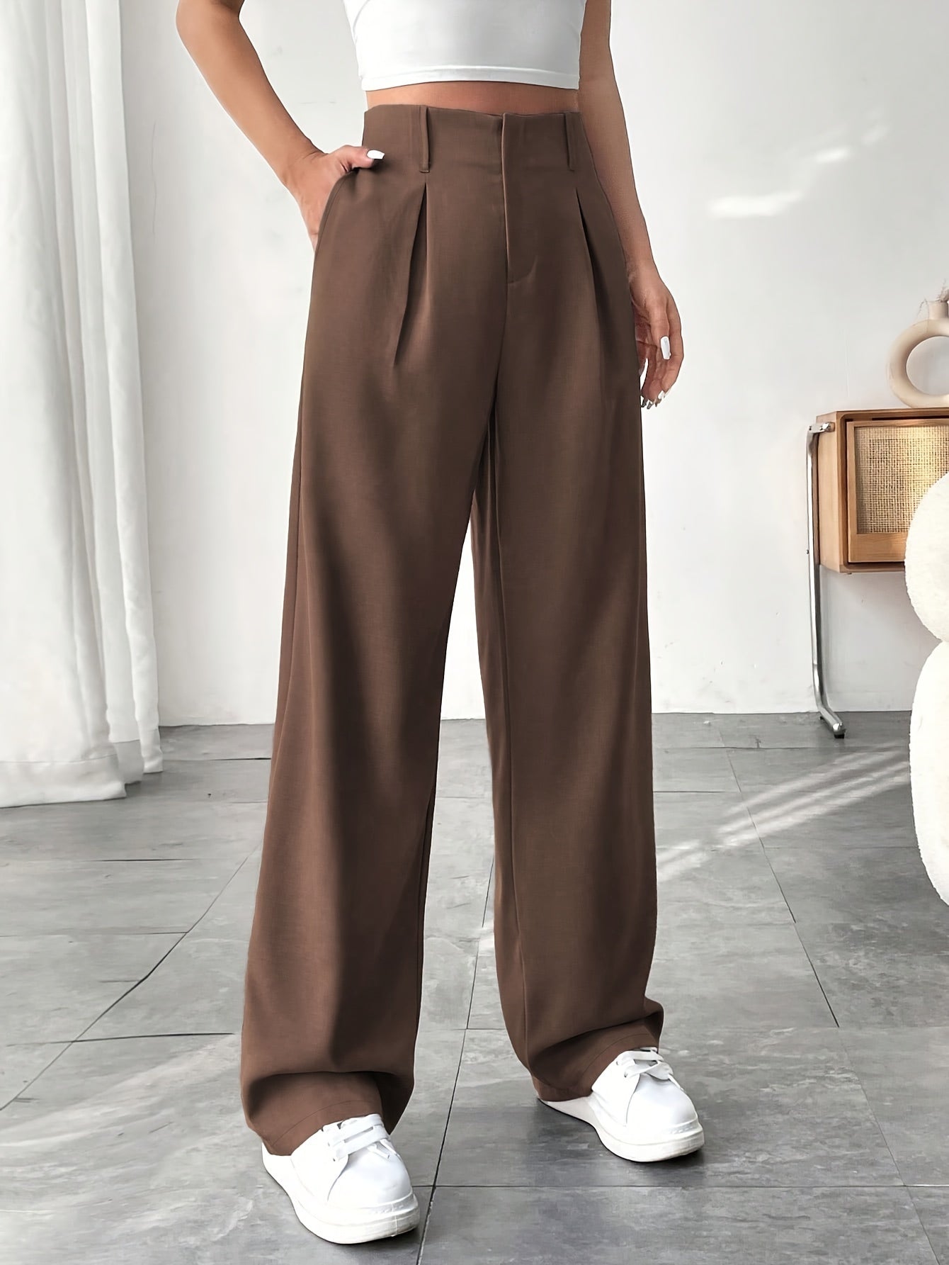 Women's Elegant Wide Trousers-Women's Trousers-Cole Clothing-Brown-S-Cole Clothing