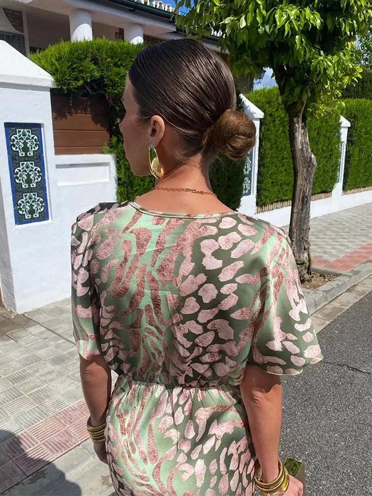 Womens Floral Pleated Midi Dress – V-Neck Short Sleeve Elegant