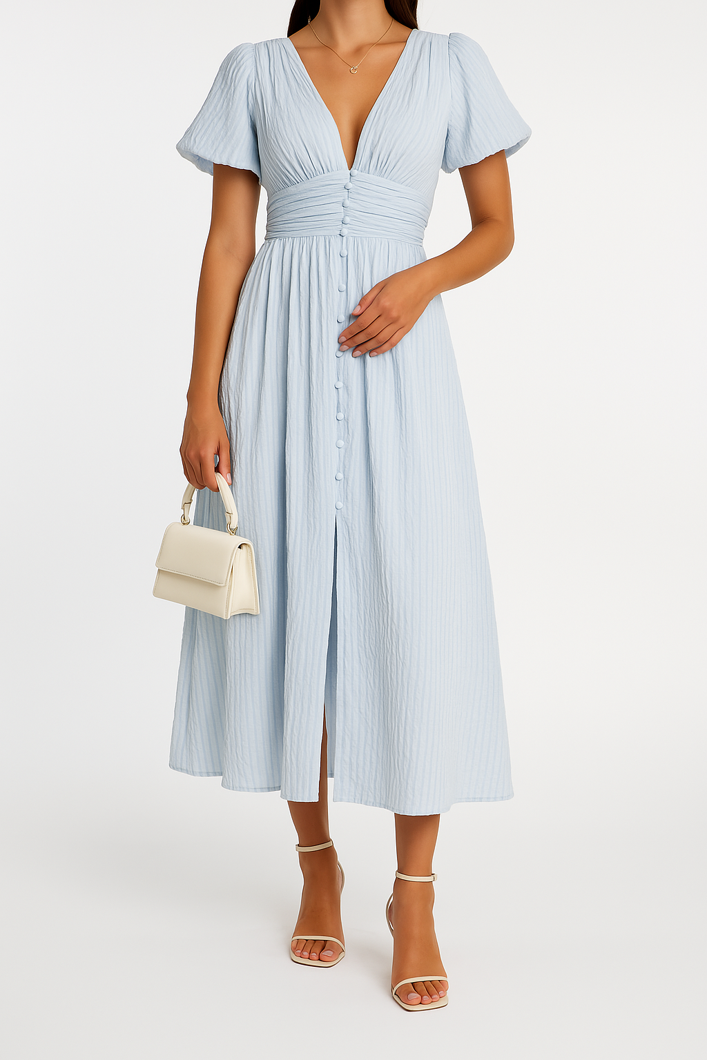 Women’s Gingham Checked V-Neck Maxi Dress – Puff Sleeve Button Front