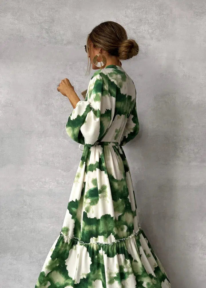 Women’s Long-Sleeve V-Neck Flowy Maxi Dress – Elegant Belted Fit