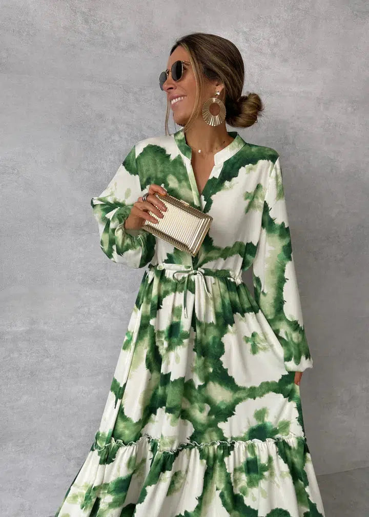 Women’s Long-Sleeve V-Neck Flowy Maxi Dress – Elegant Belted Fit