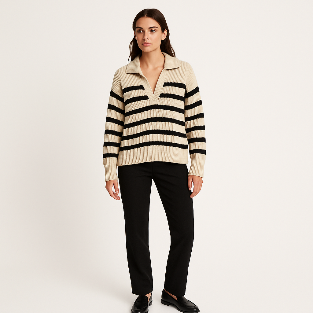 Women's Loose Fit Ribbed Knit V-Neck Sweater in Beige-Cole Clothing-Beige-XS-Cole Clothing