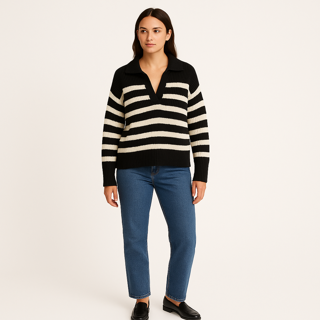 Women's Loose Fit Ribbed Knit V-Neck Sweater in Beige-Cole Clothing-Black-XS-Cole Clothing