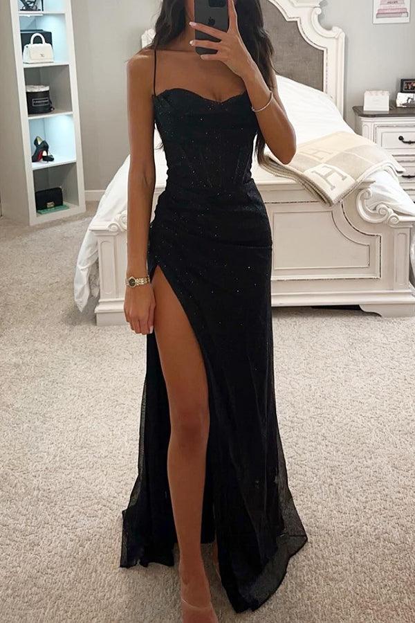 Womens Satin Corset Maxi Dress – Split Leg Elegant Evening Gown