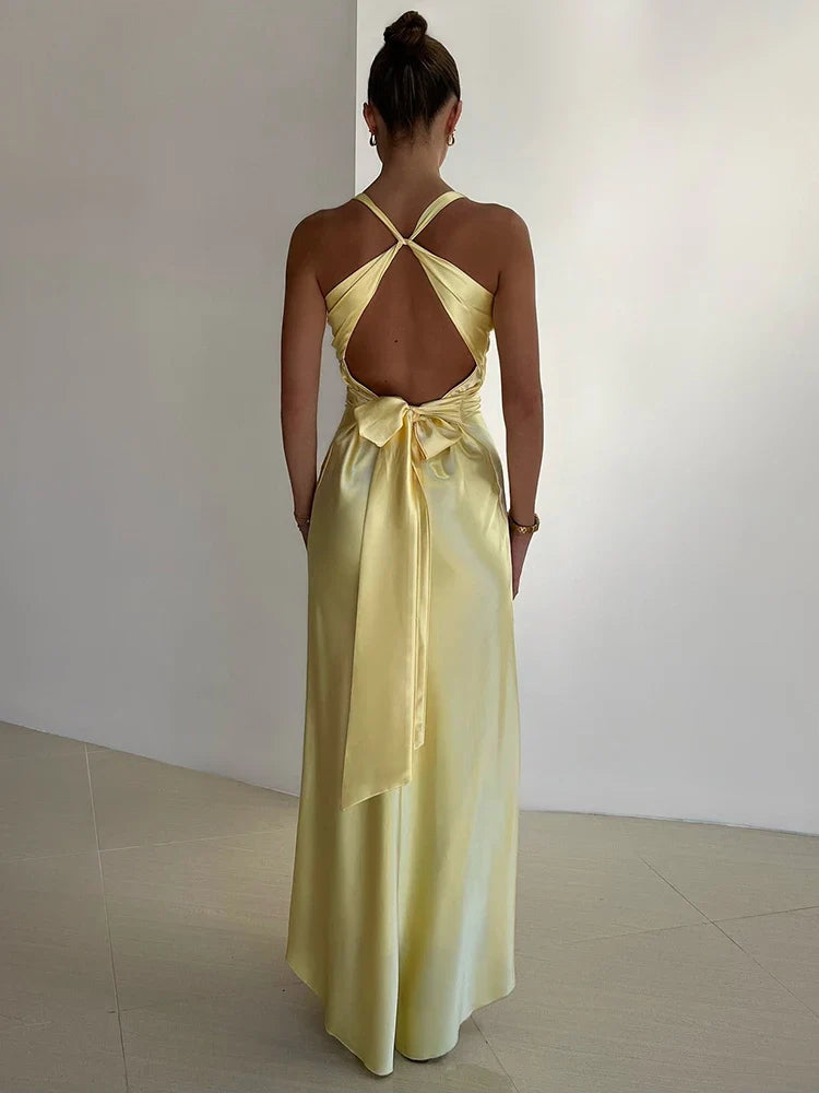 Women’s Satin Halter Neck Evening Gown – Sleeveless Formal Dress