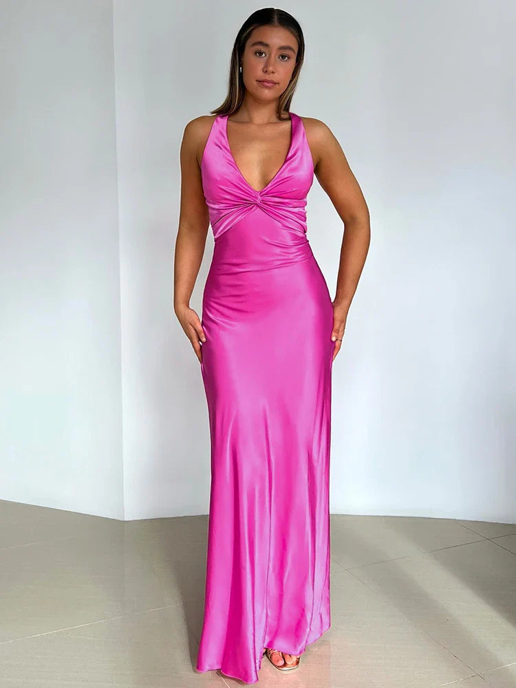 Women’s Satin Halter Neck Evening Gown – Sleeveless Formal Dress