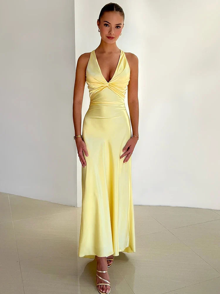 Women’s Satin Halter Neck Evening Gown – Sleeveless Formal Dress
