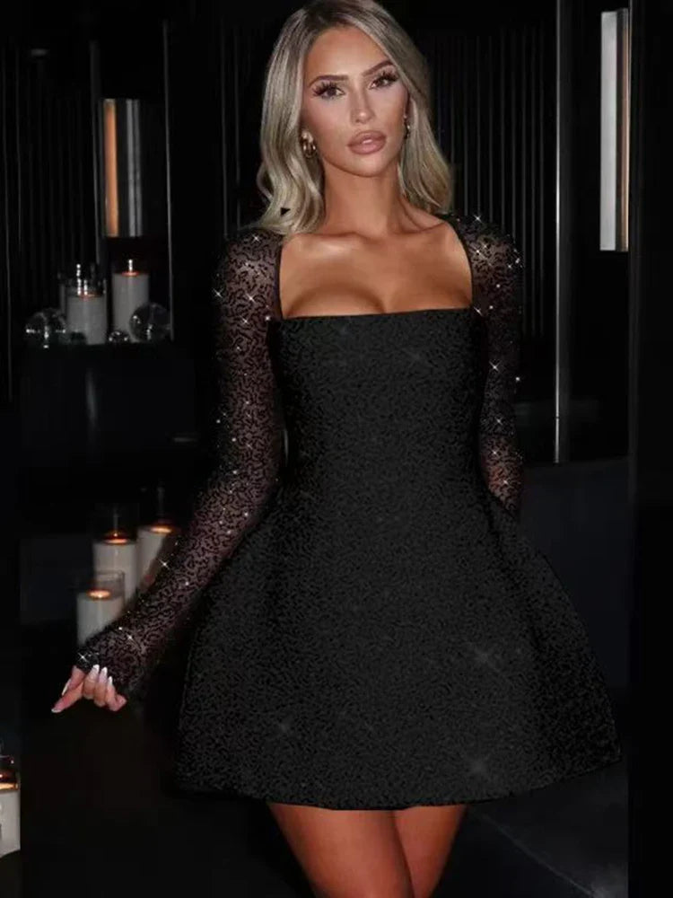 Women’s Sequin Bodycon Mini Prom Dress – Square Neck Long Sleeve