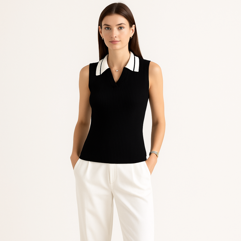 Women's Sleeveless Colour Block Knitted Sweater Vest with Collar-Cole Clothing