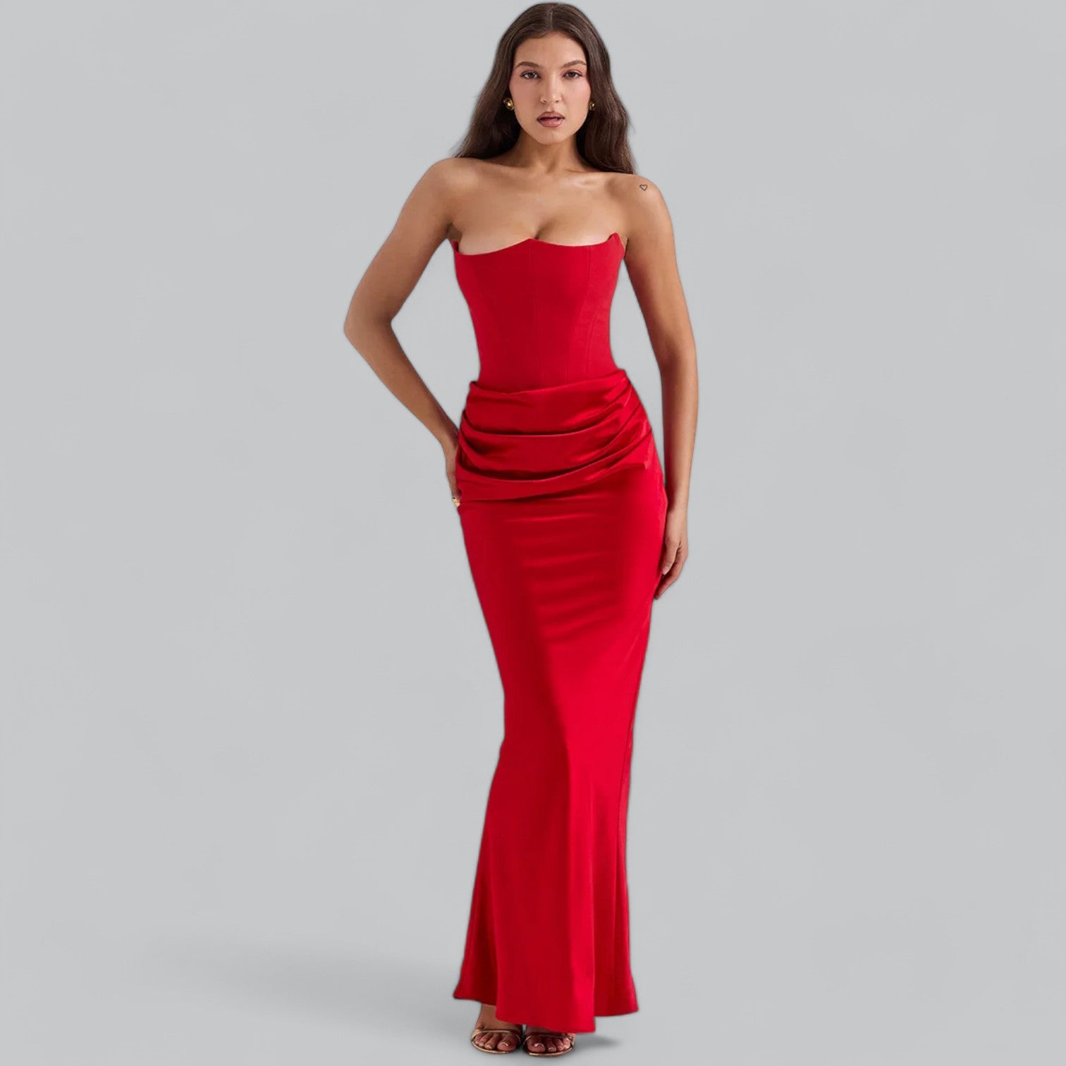 Ella | Elegant strapless velvet maxi dress-Cole Clothing-Red-XS-Cole Clothing